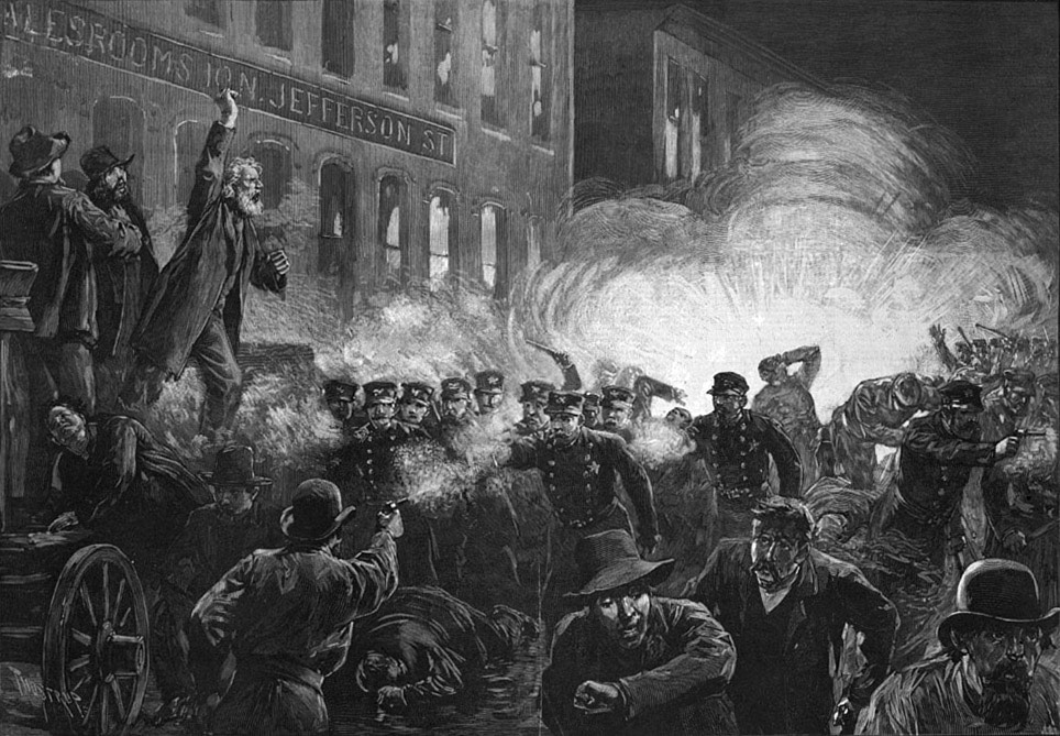 Un dessin tiré du Harper's Weekly décrivant la révolte du Haymarket Square, à Chicago.